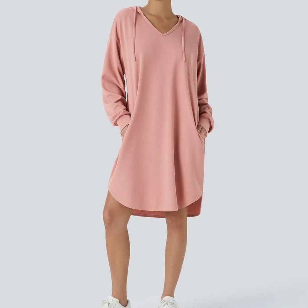 Halara Drawstring Hooded Long Sleeve High Low Curved Hem Waffle Sweatshirt Dress